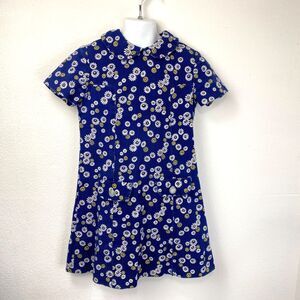 Vintage Girls Blue White Daisy Play Dress Cotton Broadcloth Short Sleeves 6 Flaw